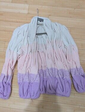 Ombre Cable Knit Cardigan Sweater - White, Pink & Purple XS